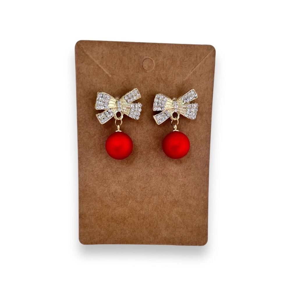 Bowknot Rhinestone Drop Dangle Earrings Red Balls Christmas Holidays New Festive - Picture 2 of 6
